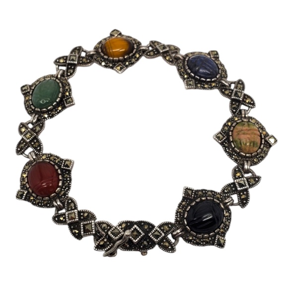 Vintage Marcasite Sterling Silver Carved Gemstone Scarab Bracelet #20595 - Picture 5 of 10